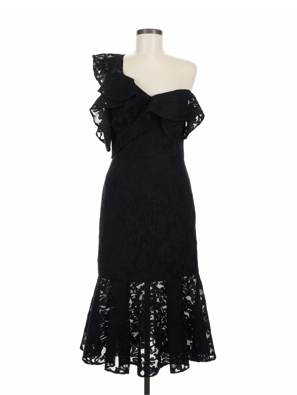 Designer Dress: ML Monique Luhillier: Black One-Shoulder Ruffle Lace Dress: NWOT